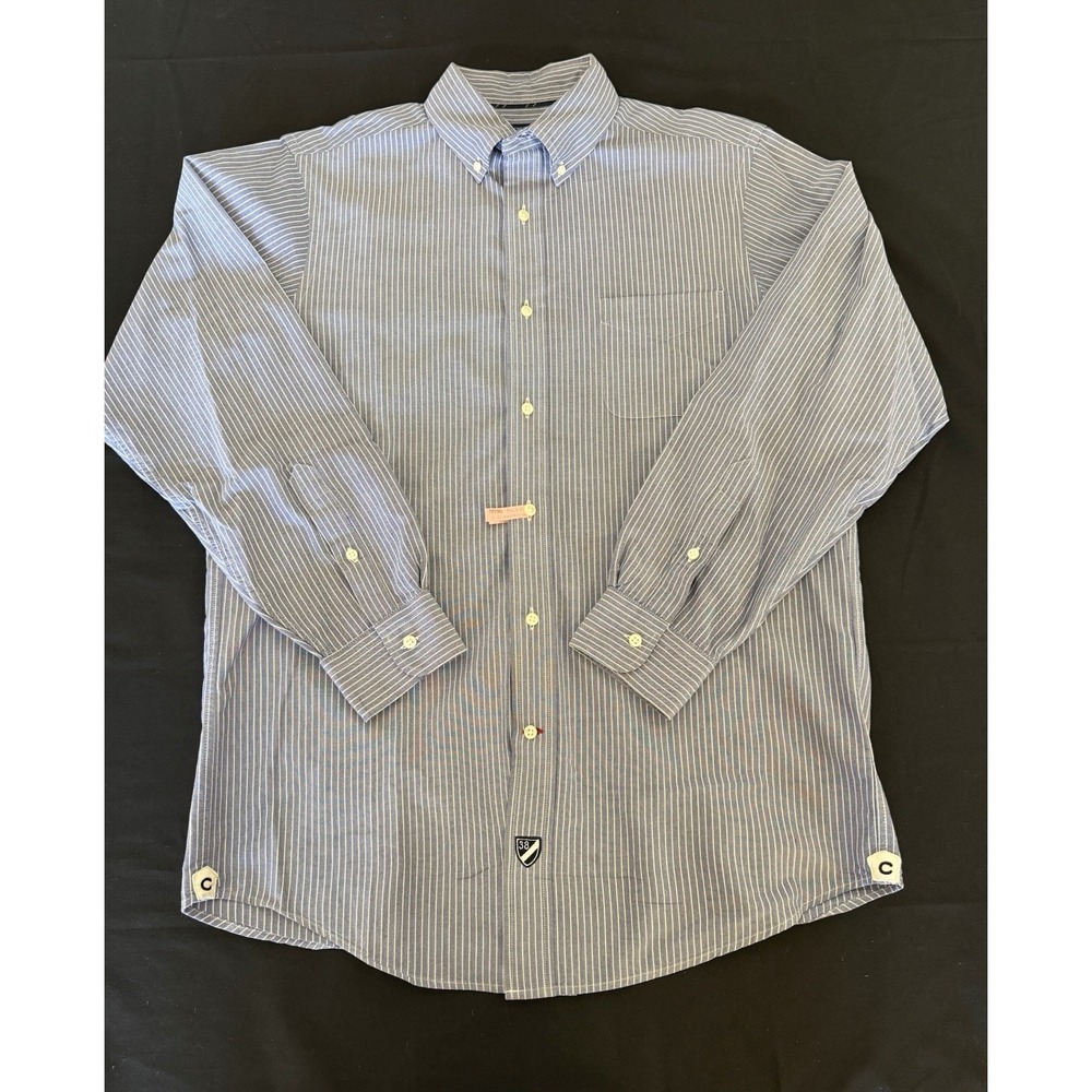 Cremeux Classics Men's Long Sleeve Blue White Striped Shirt 100% Cotton Size M